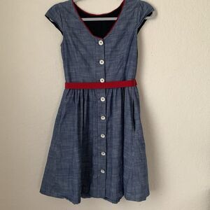 Brooks Brothers Blue Red Flare Sundress Back Button Belt Pockets Size 2
